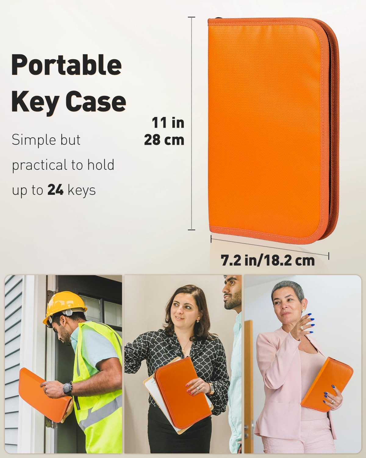 Uniclife Zippered Key Case Organizer Waterproof and Fireproof Orange Key Binder with 24 Hooks and Tags Portable Key Storage Book for Offices Real Estate Agencies Hotels and Rental Management (Orange)