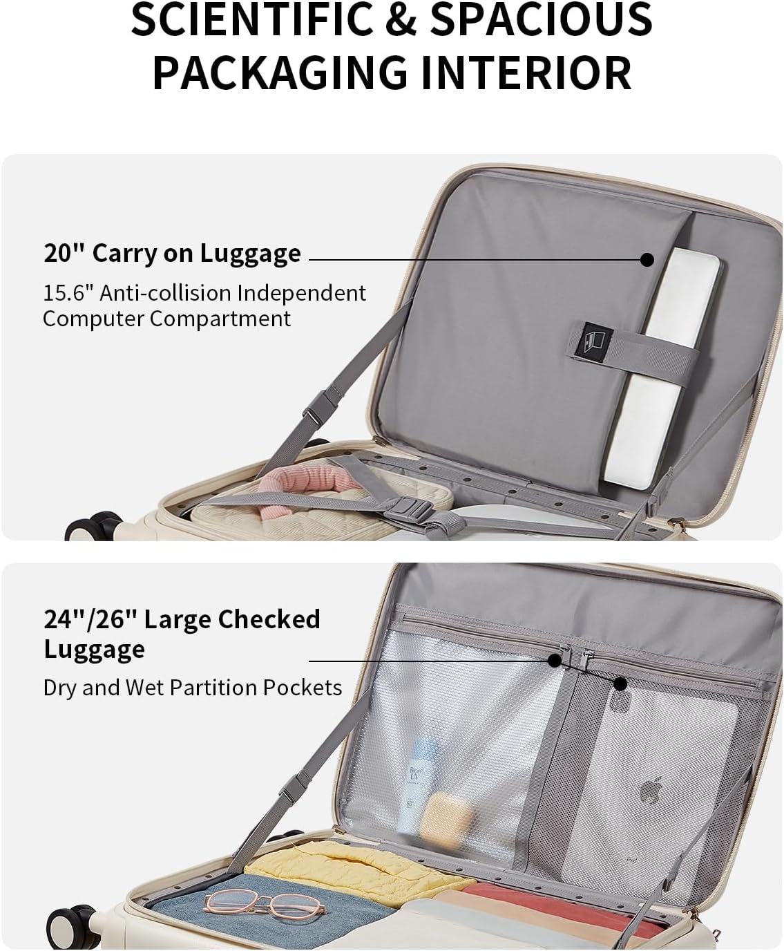 aji Expandable Top Open Luggage Sets 2 Piece with Spinner Wheel, 20/26 Inch Luggage with TSA Lock, Lightweight PC Hardside Travel Luggage Suitcases for Men Women, Coconut White