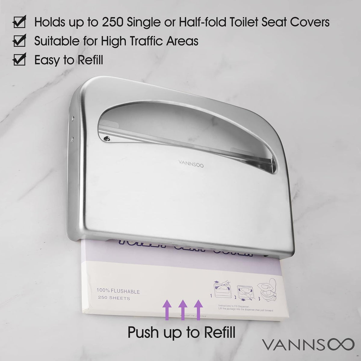 Toilet Seat Cover Dispenser - Stainless Steel Wall Mount Toilet Seat Cover Holder for Commercial Bathroom, 250 Single or Half Fold Seat Covers Capacity (Brushed)