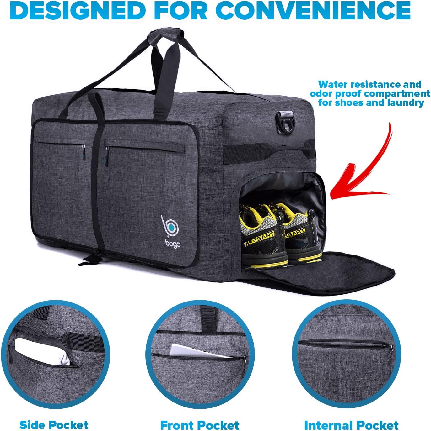Bago Large Foldable Duffel Bags for Traveling Women & Men - 100L Packable Duffle Bag for Travel with Shoe Compartment - Water Repellant, Heavy Duty, Lightweight Folding & Collapsible (SnowBlack)