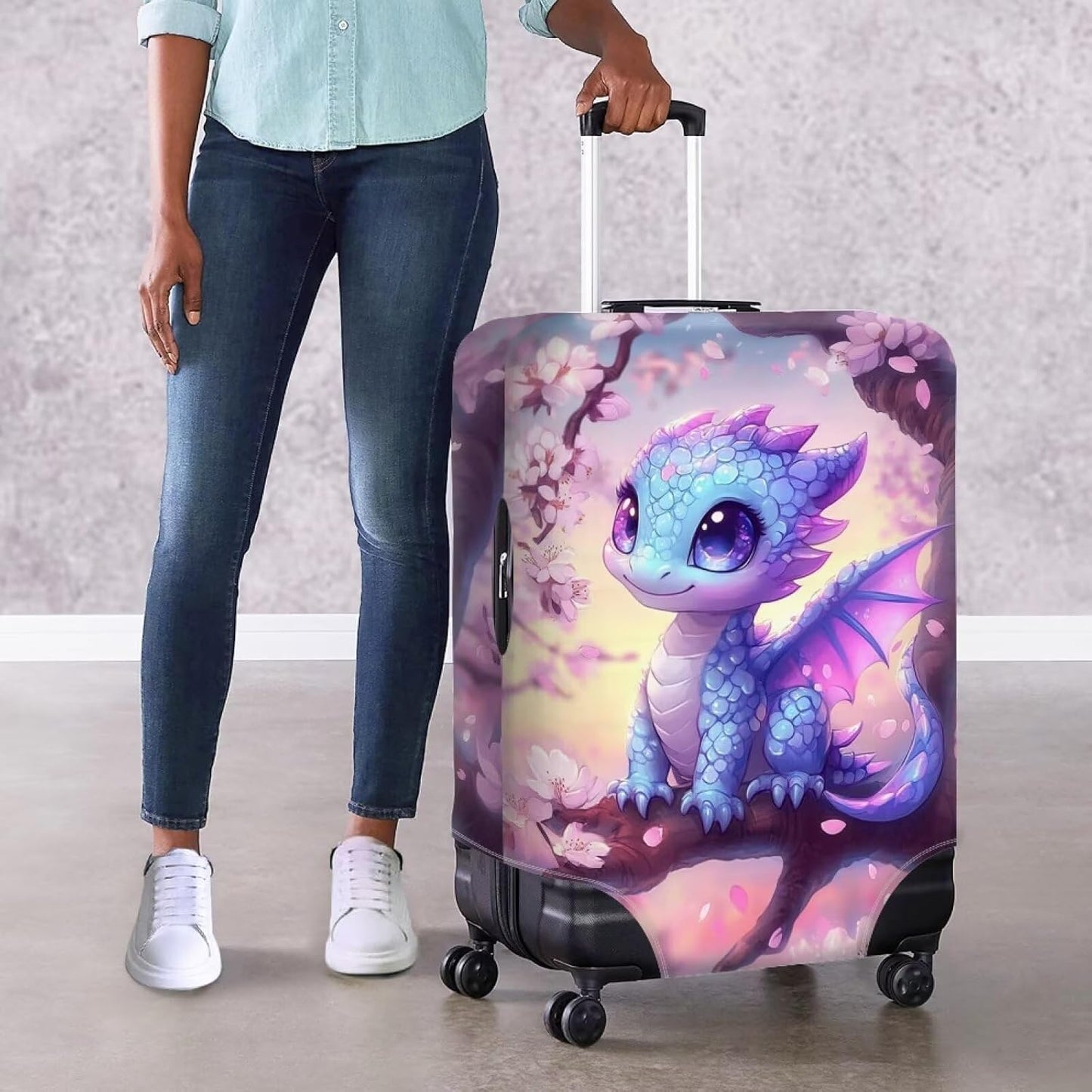 Dragon Suitcase Cover Travel Luggage Protector Washable Elastic Suitcase Covers Anti-Scratch Zip Closure Lugagge Covers for Suitcase Cherry Blossom Luggage Cover Fits 22-25 Inch, M