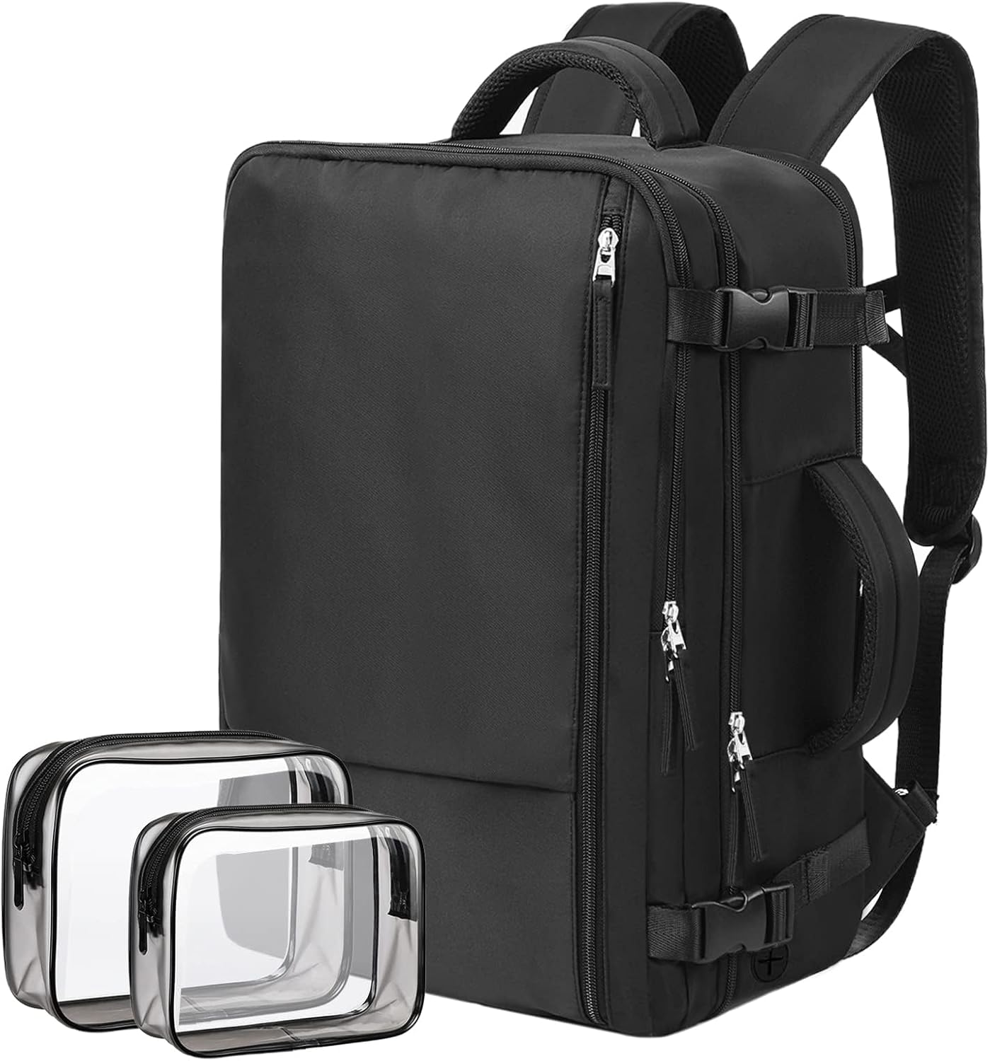 Hanples Travel Backpack for Women Men Large Carry On Person Item Flight Approved 17 In Laptop Backpack Waterproof anti theft Casual Luggage with 2 Toiletry Bag(Black)