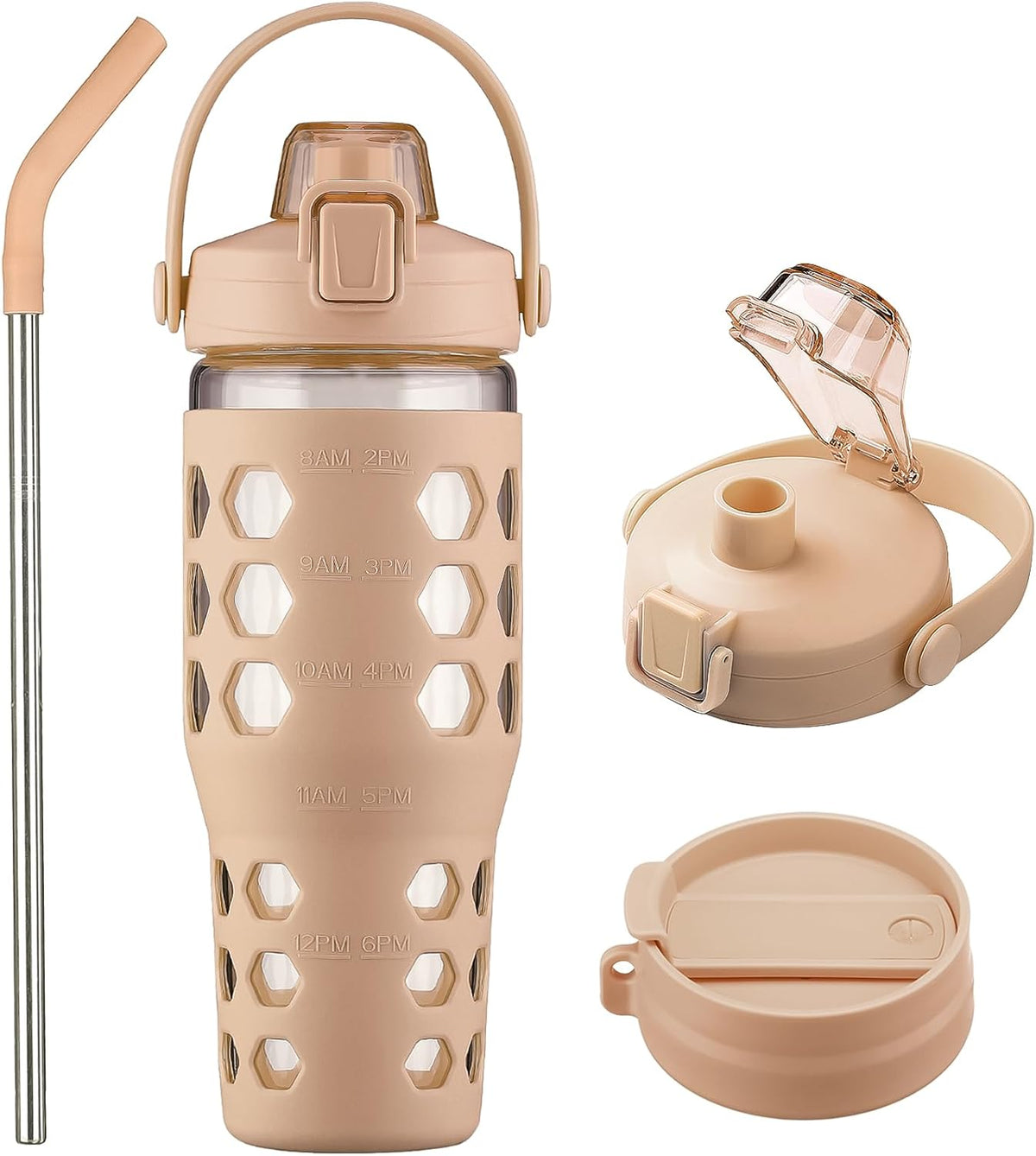 MUKOKO 32 oz Glass Tumbler with Straw,Glass Water Bottles with Time Marker,Iced Coffee Cup with 2 Lids-Handle Spout Lid&Straw Lid,Silicone Sleeve,Leakproof,1 Pack-Amber