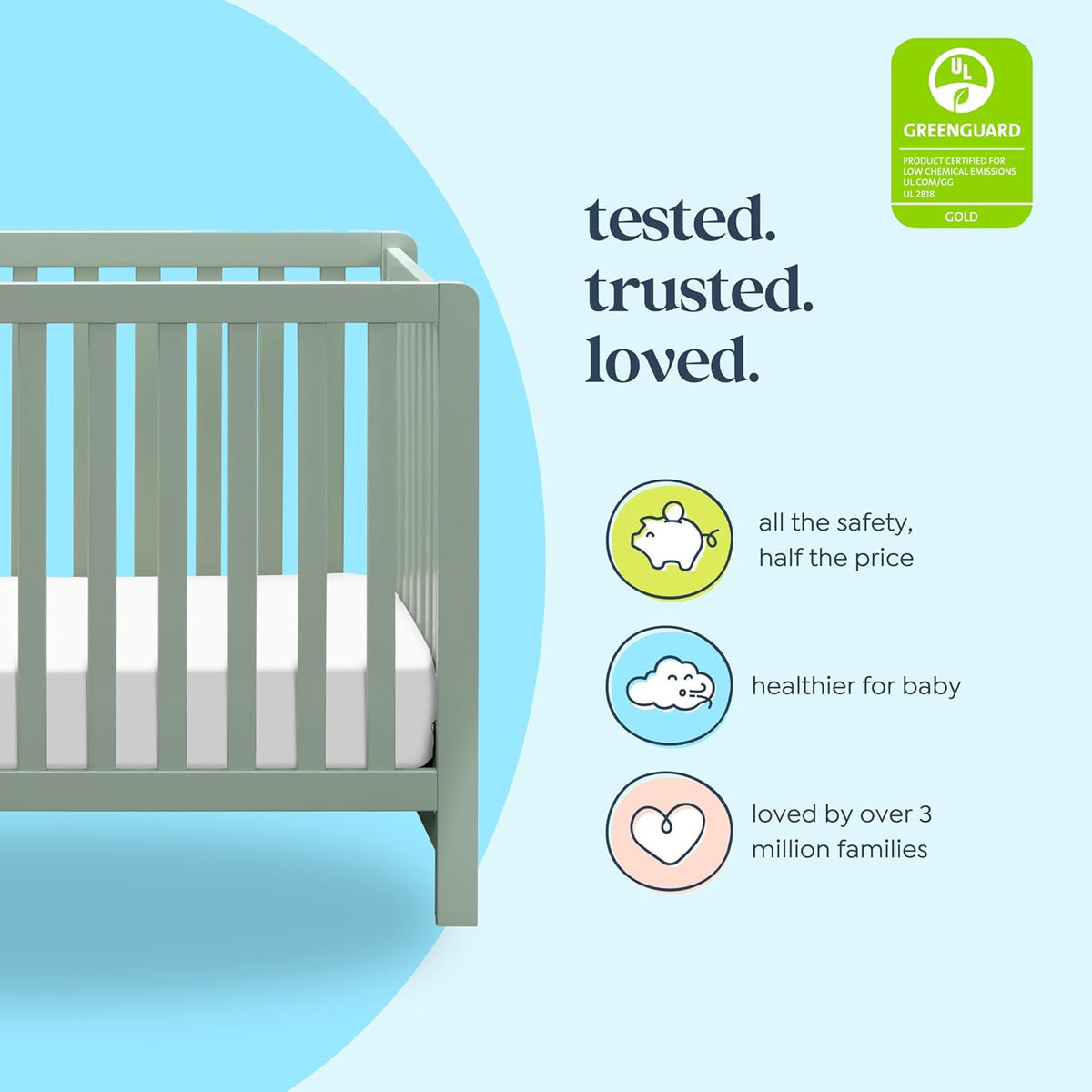 Carter's by DaVinci Colby 4-in-1 Baby Crib Convertible to Toddler Bed, Daybed, Full-Size Bed - Durable - GREENGUARD Gold Certified - 4 Adjustable Heights, Conversion Kit Sold Separately - Light Sage