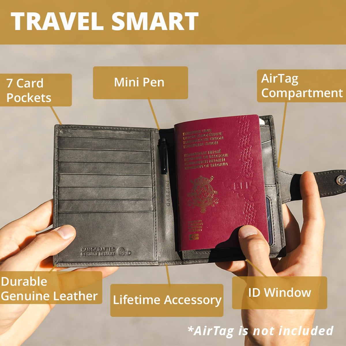 GARZINI Passport Holder with AirTag, Passport Wallet with RFID, Travel Accessories, Travel Document Holder with ID Window, Leather Passport Holder for 7 Cards, Brushed Black