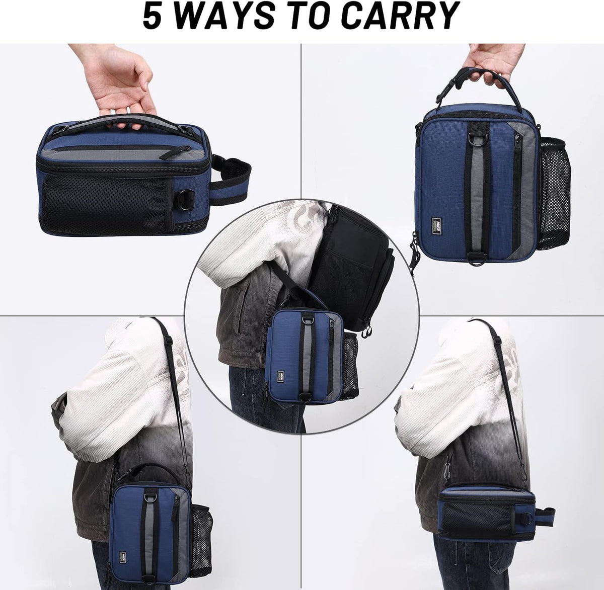 MIER Expandable Lunch Bag Insulated Lunch Box for Men to Work Travel Portable Lunchbox Bags with Shoulder Strap and Water Bottle Holder(Navy/Grey)