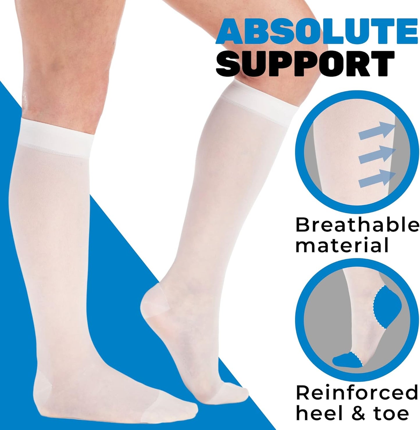 (3 Pairs - Closed Toe) Made in USA - Sheer Compression Socks for Women 15-20mmHg - Compression Stockings for Varicose Veins Circulation, Thrombosis, Embolism - White, Medium - A101WH2-3