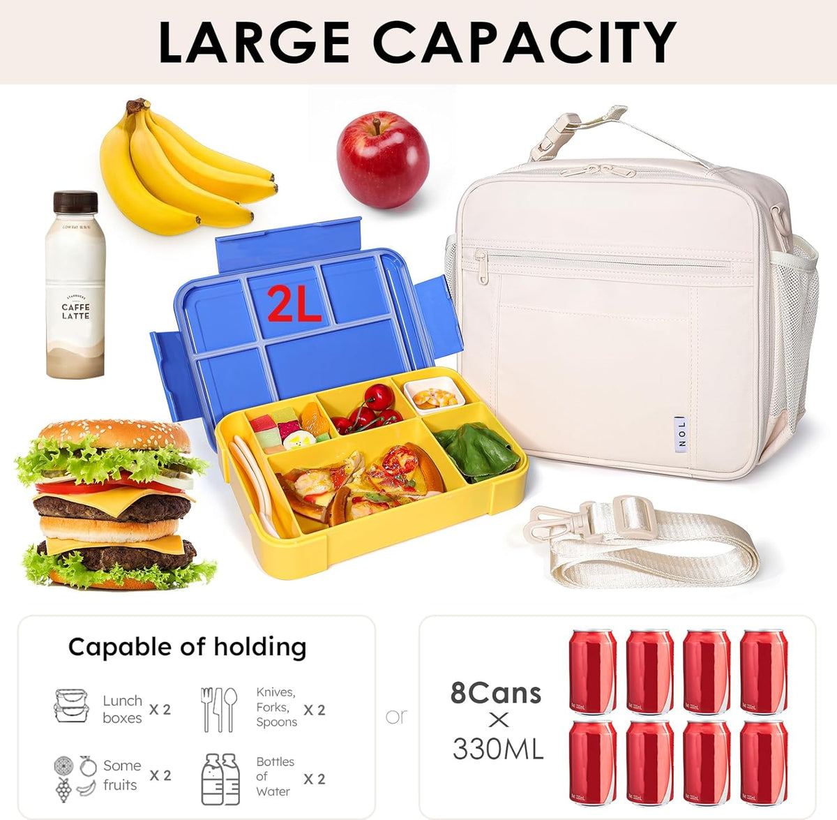 NOL Kids Lunch Bag - Kids 3+ Reusable Insulated Lunch Box with Zipper Closure Buckle Handle Adjustable Long Shoulder Strap, Easy-Clean Waterproof Fabric, Children Lunch Tote Bag for School -Cream