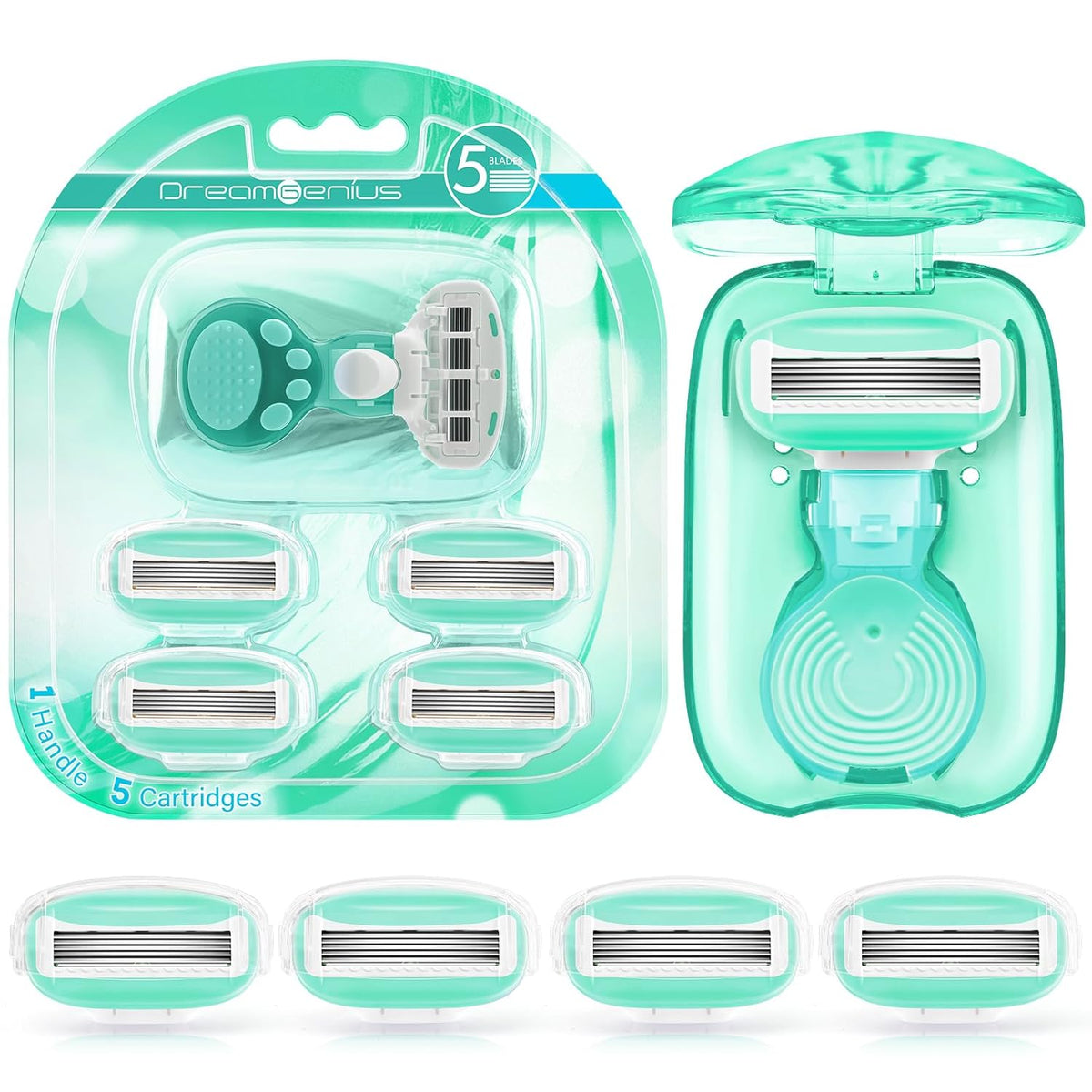 DreamGenius Travel Razors for Women Include 1 Handle and 5 Cartridges, Extra Smooth 5-Blade Travel Essentials Razor with Case for Shaving, Green
