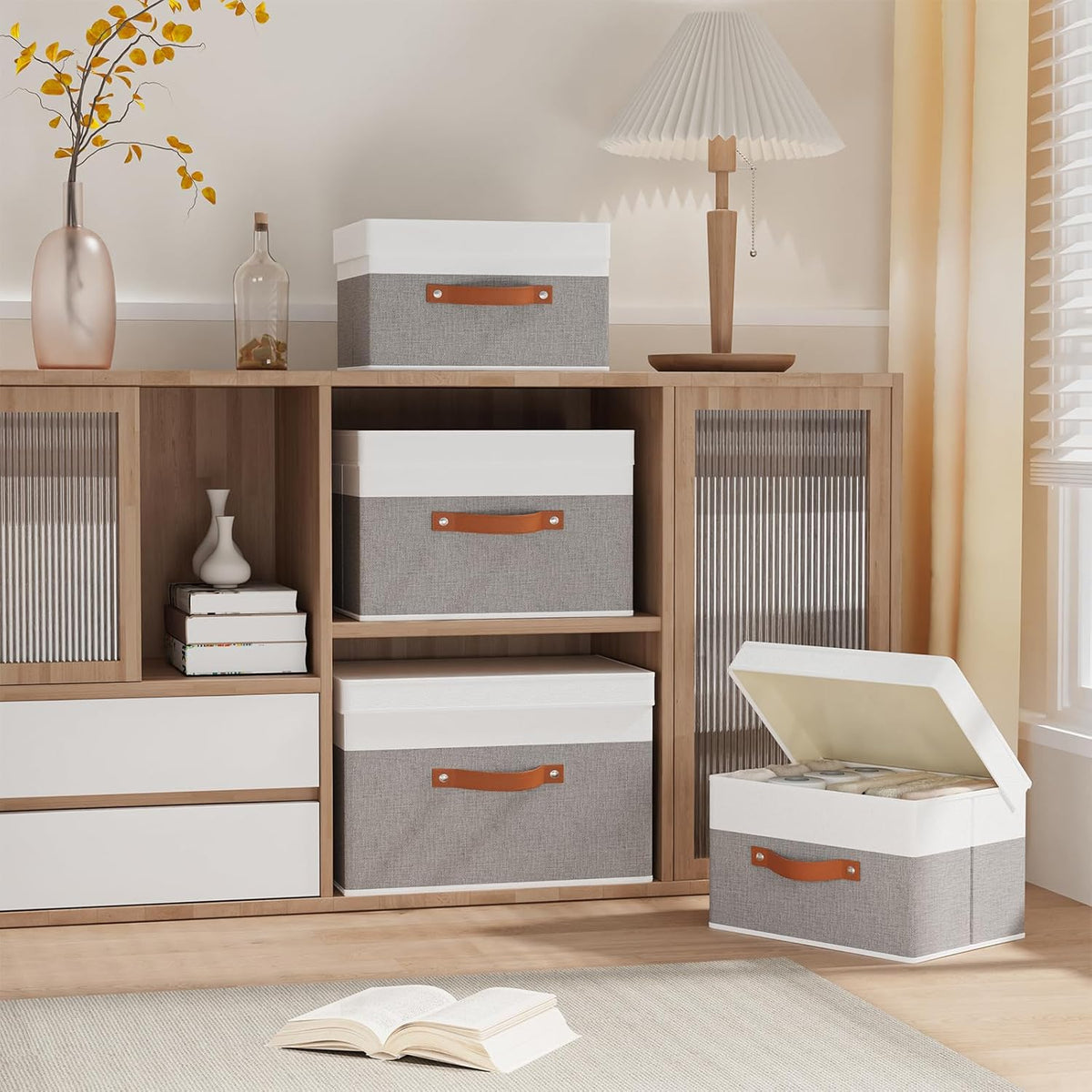 Fabric Storage Bins with Lids, 1 Pack Linen Foldable Cloth Baskets, 15 x 9.8 x 9.8 Inch Closet Organizer Containers with Double Handles, Sweater Boxes for Bedroom, White and Grey