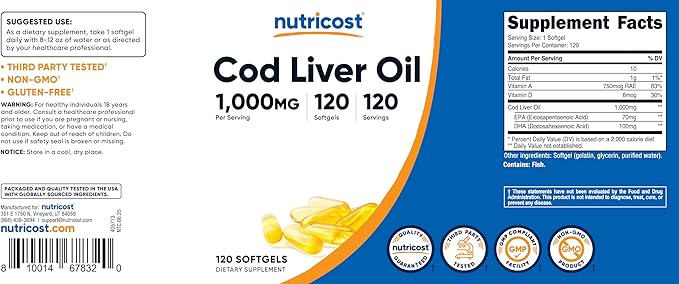 Nutricost Cod Liver Oil 1000mg, 120 Softgels - Non-GMO & Gluten Free