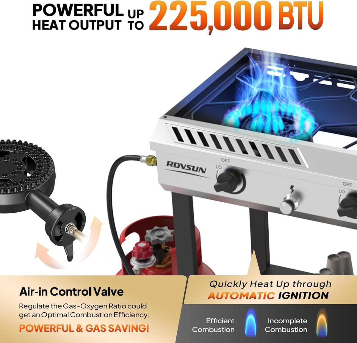 ROVSUN 3 Burner Outdoor Propane Burner with Ignition & Regulator, 225,000 BTU Powerful & Portable Gas Stove Outdoor Stand Cooker for Backyard Patio Cooking Home Camping Brewing Canning Turkey Frying