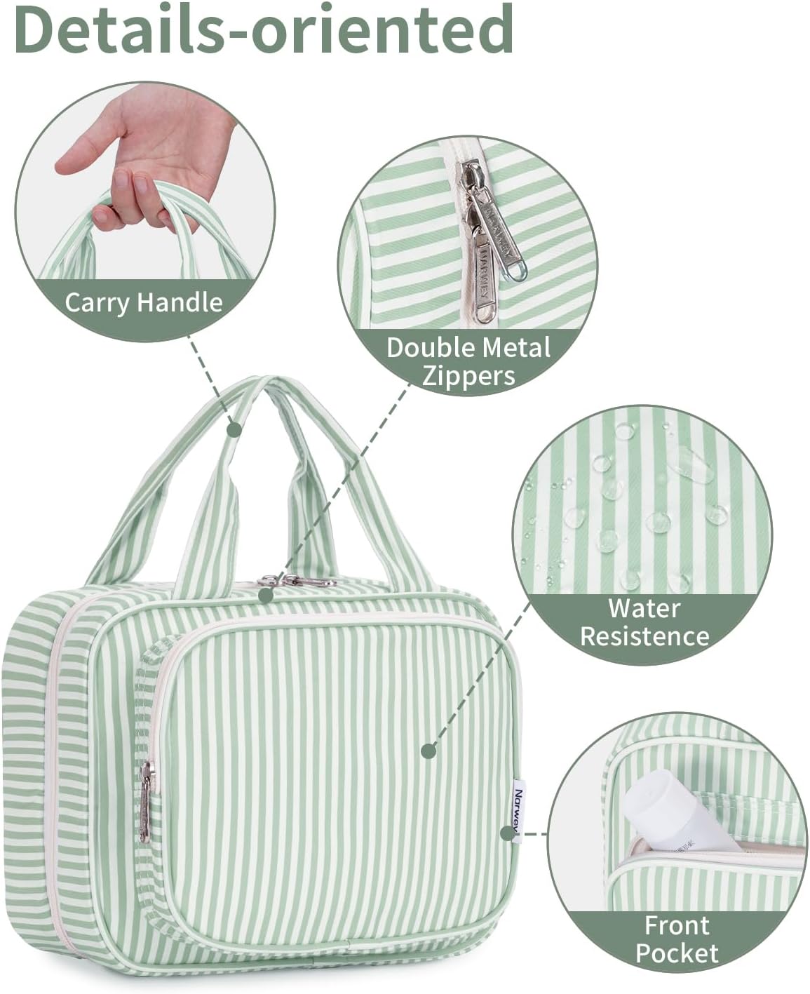 Narwey Striped Hanging Toiletry Bag for Women Travel Makeup Bag Organizer Toiletries Bag for Travel Size Essentials Accessories Cosmetics (Mint Green Stripe (Medium))