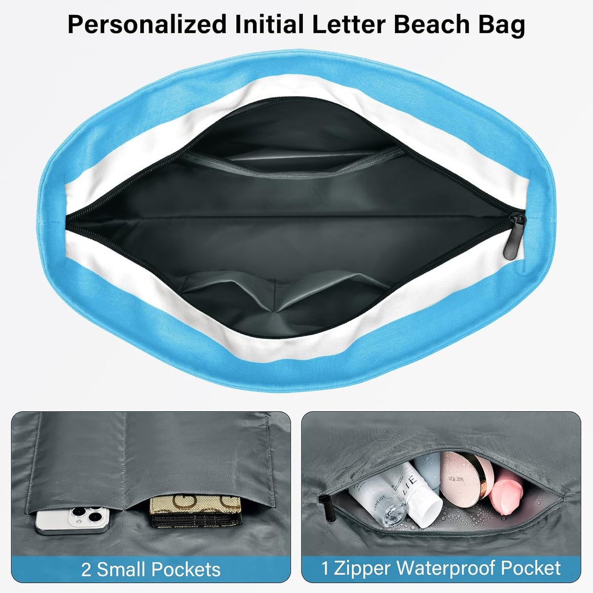 Becokan Beach Bag Initial Beach Tote with Makeup Bag for Travel Work Storage Personalized Birthday Gifts for Women Her