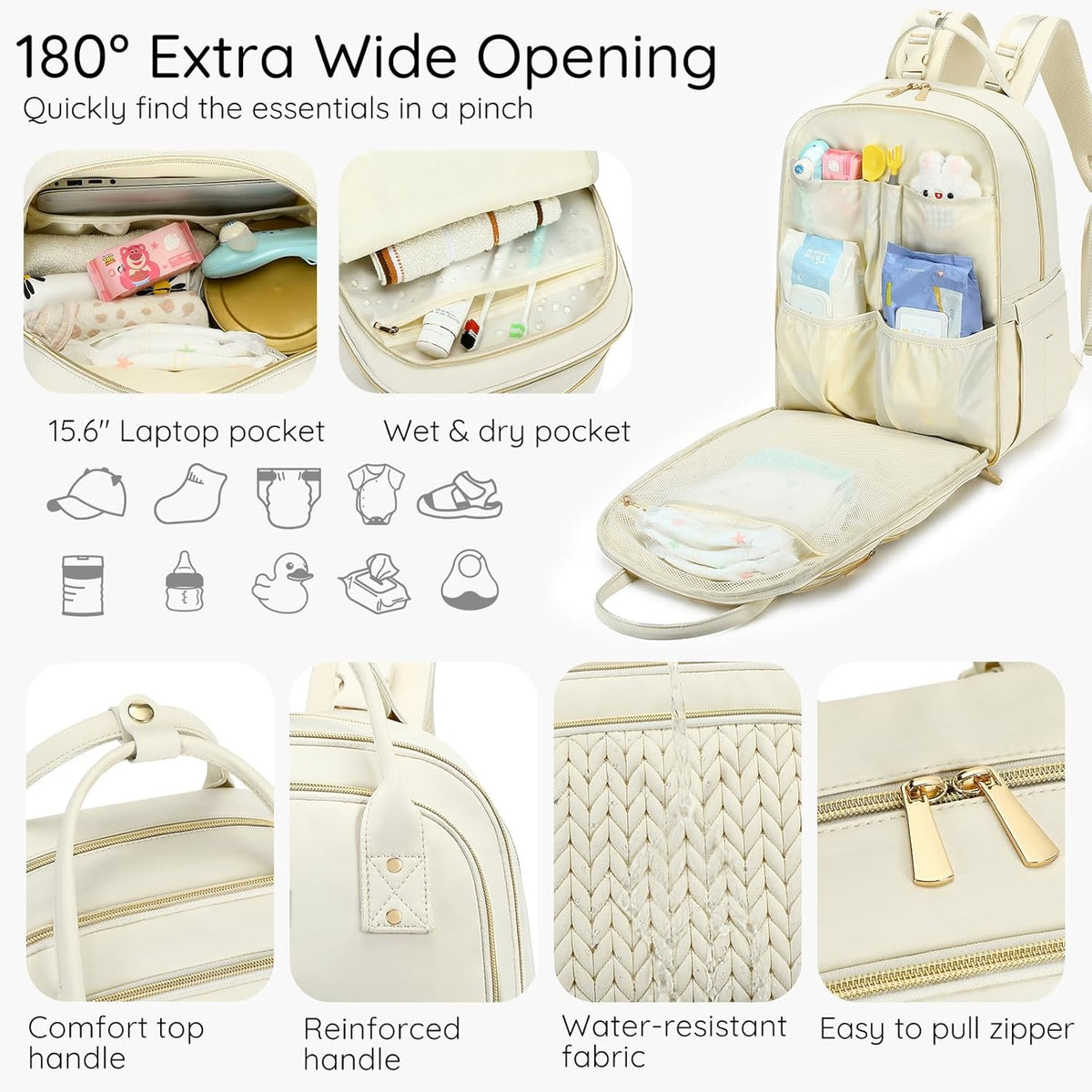 Diaper Bag Backpack - Large Multi functional, Boys, Girls & Baby Travel Essentials Tote with Changing Pad, Insulated Pockets, Stroller Straps, Waterproof - Baby Backpack for Mom & Maternity (Beige)