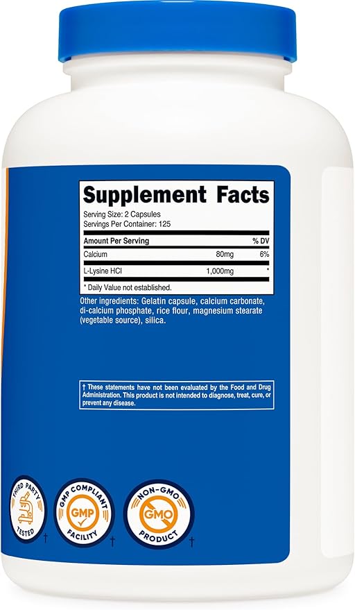 Nutricost L-Lysine 1000mg, 250 Capsules - 500mg Per Cap, Gluten Free, Non-GMO