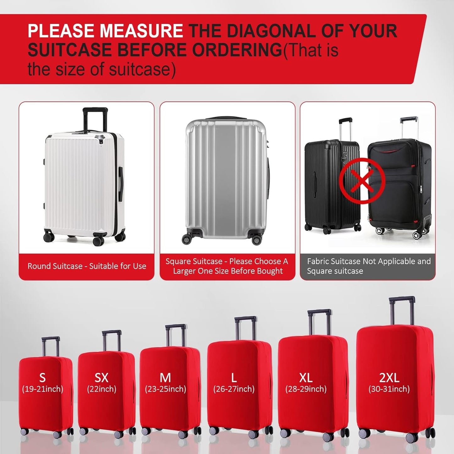 Travel Luggage Cover Suitcase Protector Scratch-Resistant Fit 19-31 Inch Suitcase, Not Included Suitcase (Red, SX(22-23 inch))