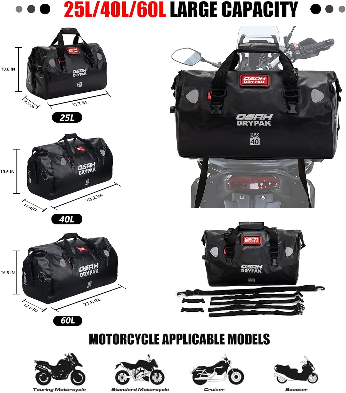 Waterproof Duffel& Luggage Bag - Motorcycle Dry Bag Tail Saddle Bags with Roll Top Closure,Large Storage Space,for Camping, Kayaking, Fishing & Traveling(Yellow, 25L)