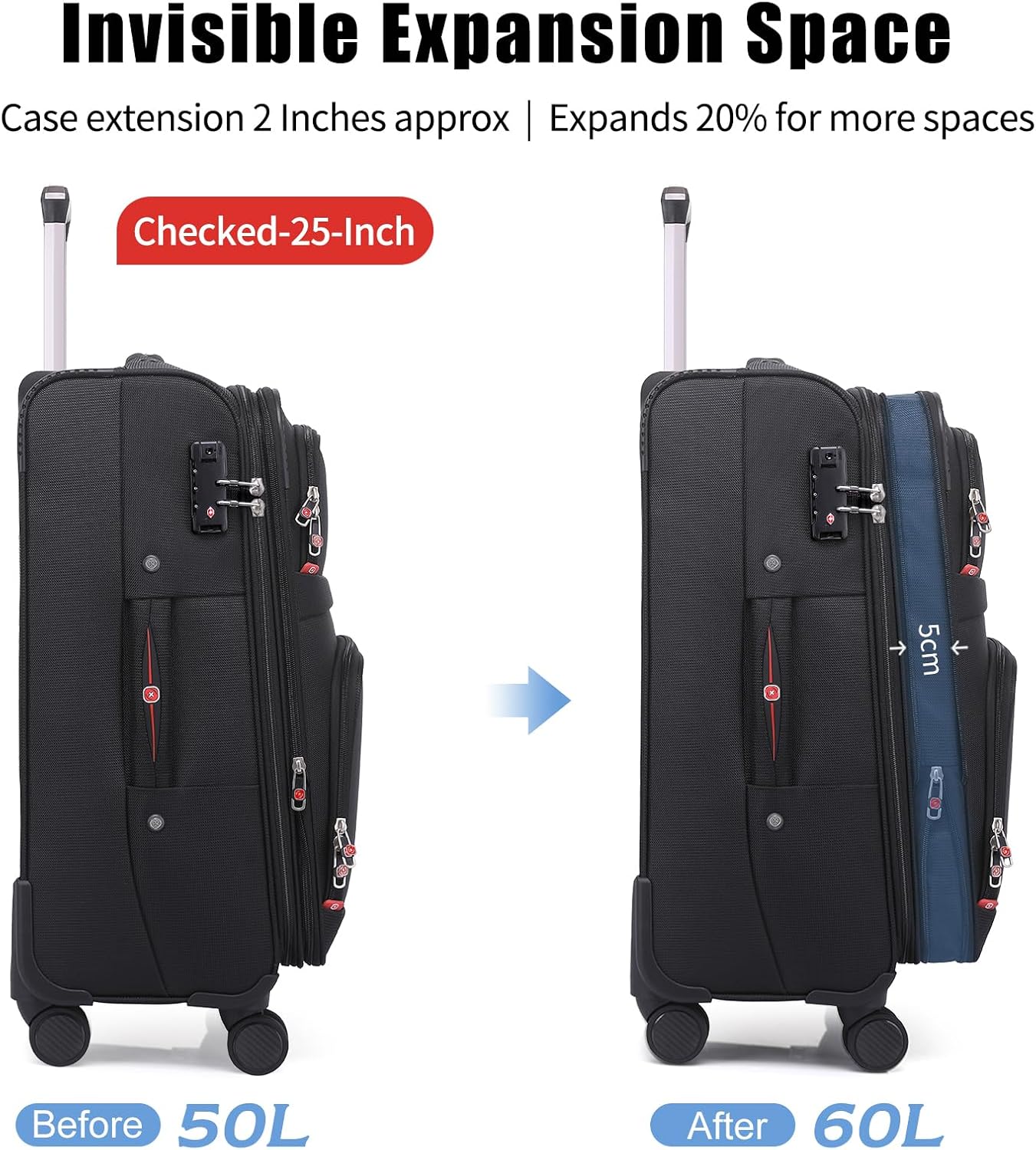 Softside Expandable Luggage with 4 Spinner Wheels, Durable Checked-Luggage Suicase (Black, 25-Inch)