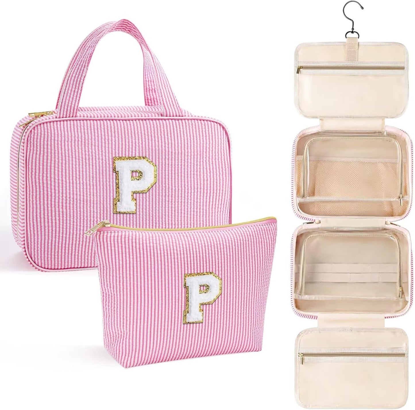 YOOLIFE Hanging Toiletry Bag for Women - Travel Toiletry Bag Makeup Bag, Portable Toiletries Cosmetic Bag, Airplane Travel Essentials - Letter P, Pink