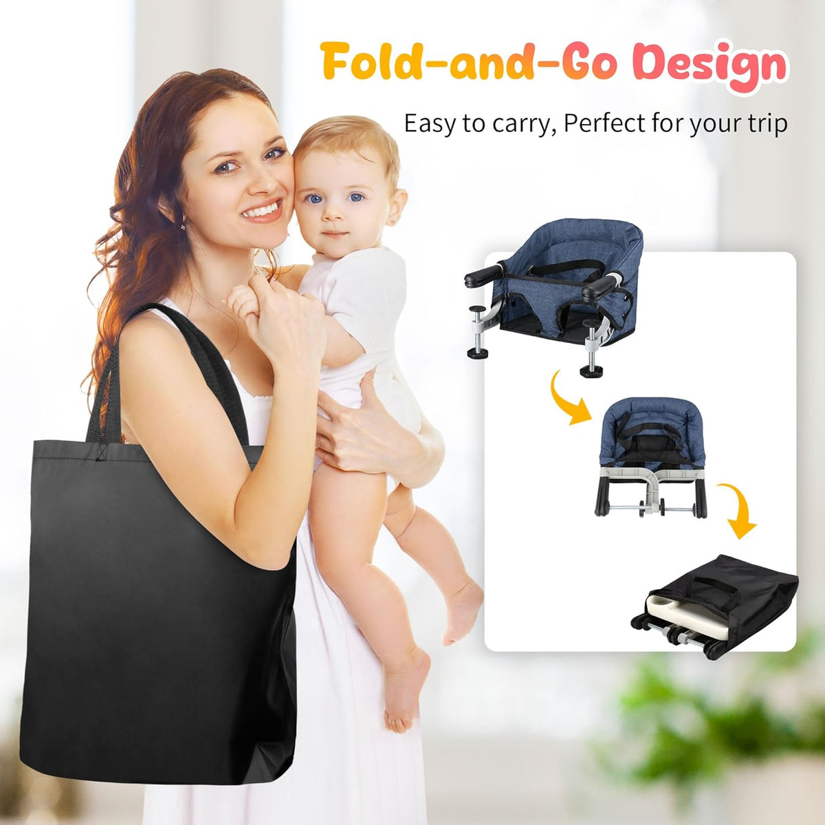 Hook On High Chair with Removable Dining Tray,Folding Portable Clip on Table High Chair,Baby Chair with Storage Bag for Indoor/Outdoor (Navy Blue)