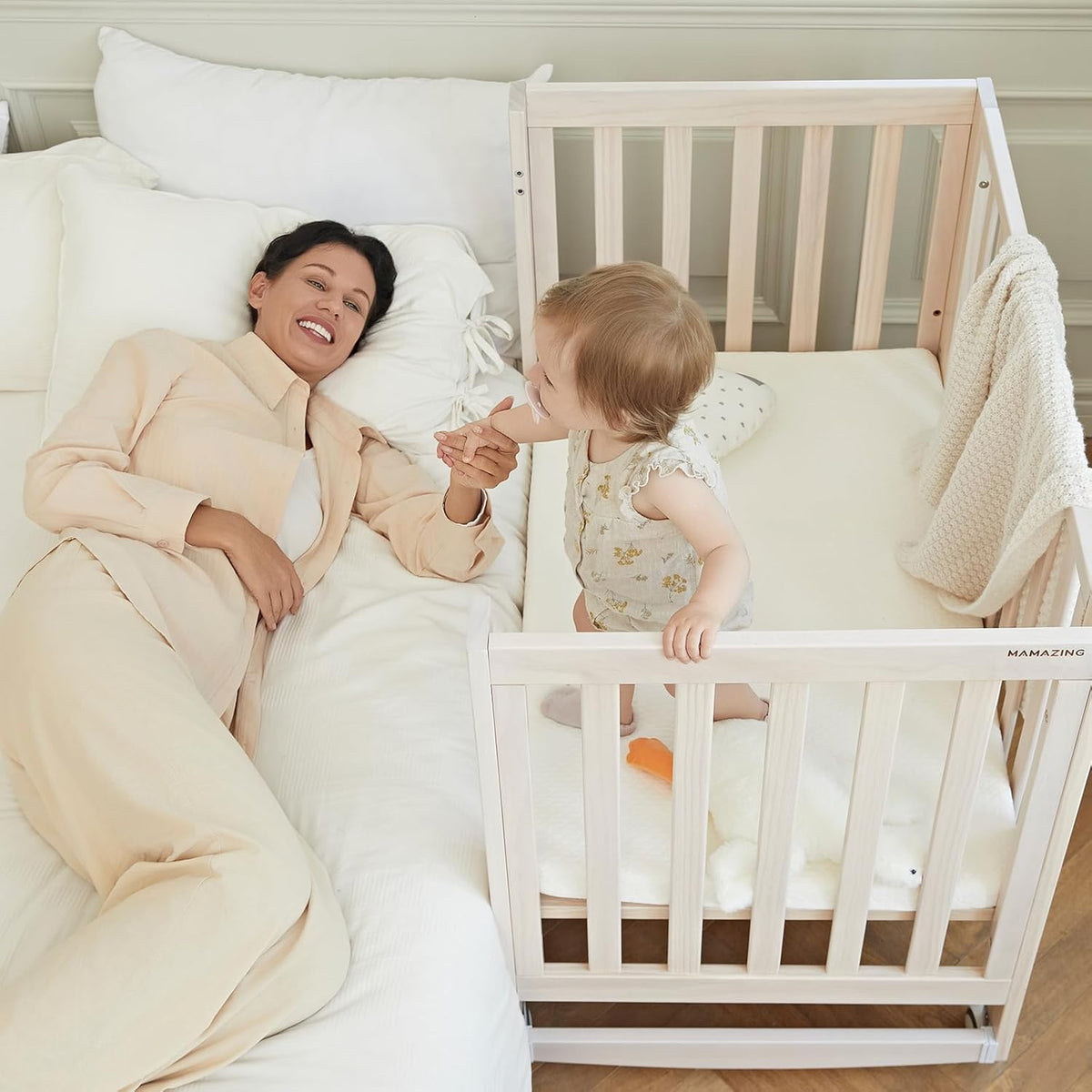 EvoNest Baby Crib, 6 in 1 Convertible Mini Crib with Wheels, 100% New Zealand Wood Growing Bed, 4 Adjustable Mattress Height， Washed Natural