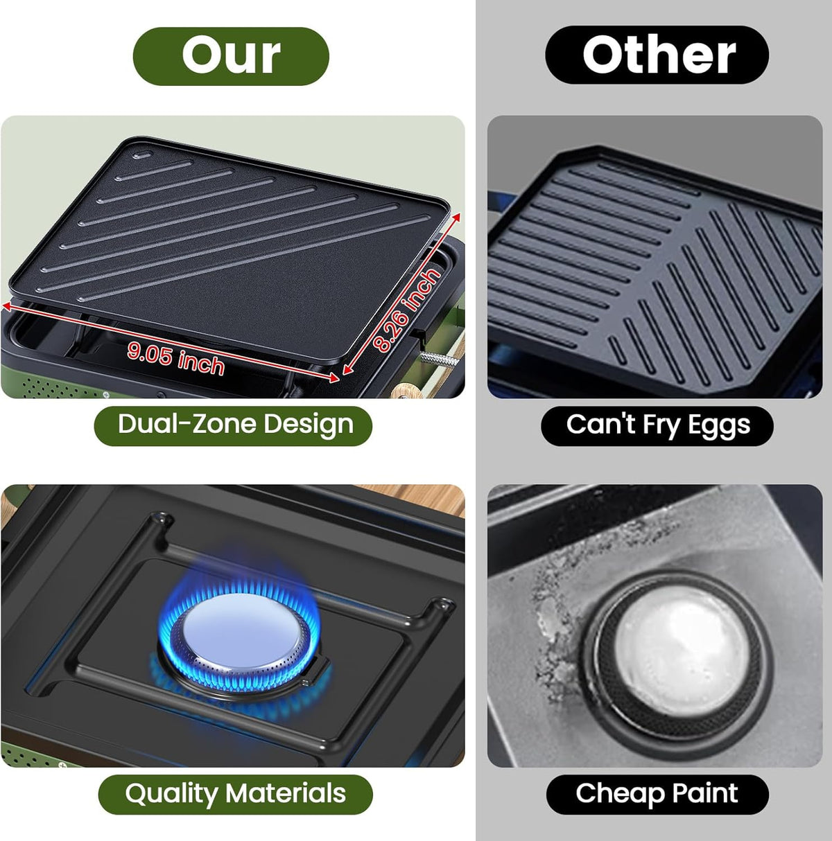 OGERY 2-Burner Foldable Camping Stove with Griddle (Textured & Smooth) and Carrying Bag, Portable Propane Camp Stove with 2 Adjustable Burners & Piezo Ignition, for Camping Tailgating Essentials Gear