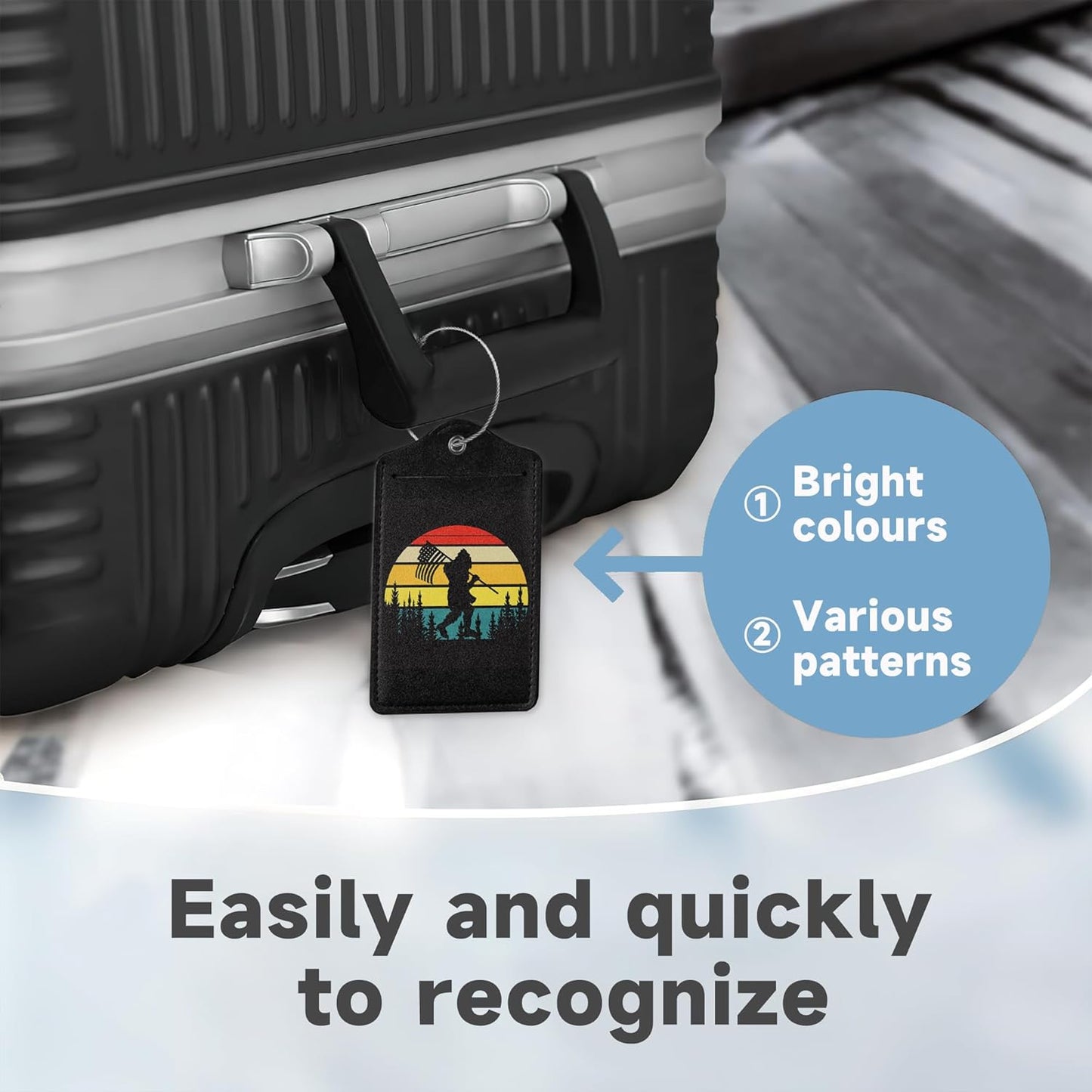 2 Pack Luggage Tag for Suitcase, Bigfoot American Flag Leather Bag Tags Identifiers Privacy Cover ID Label with Durable Steel Loop for Women Men Kids Girls Travel