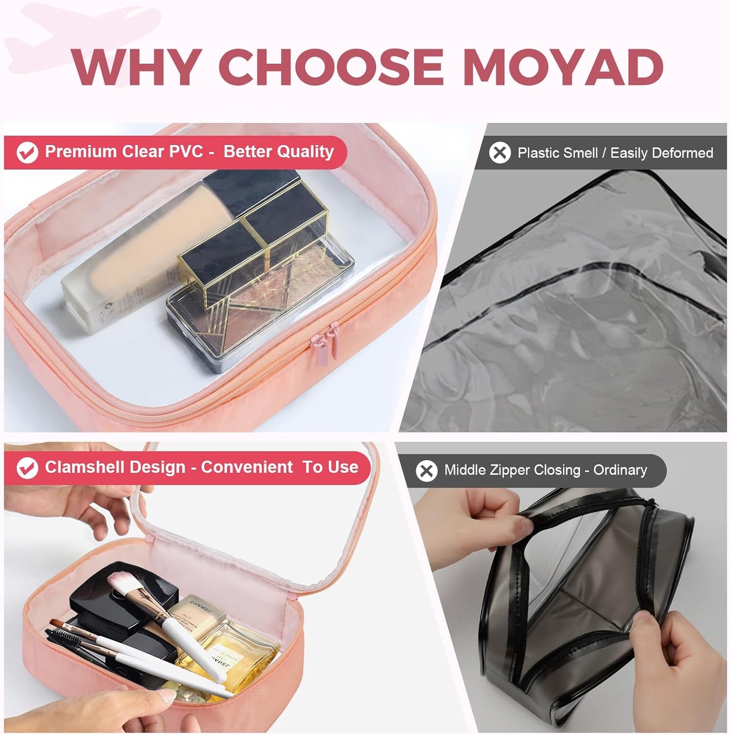Moyad TSA Approved Clear Toiletry Bag, 2 Pack Quart Size 3-1-1 Liquids Pouch for Travel, Transparent Makeup & Cosmetic Organizer for Women Men, Peach Pink