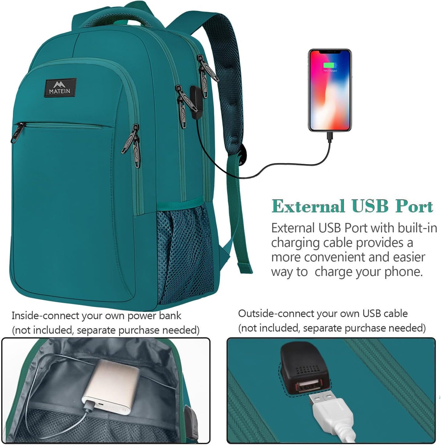 MATEIN Slim Laptop Backpack, Anti Theft 15.6 inch Computer Travel Backpack with USB Charging Port for Work College, Sturdy Water Resistant Daily Rucksack Bag Gifts for Men & Women, Peacock Blue
