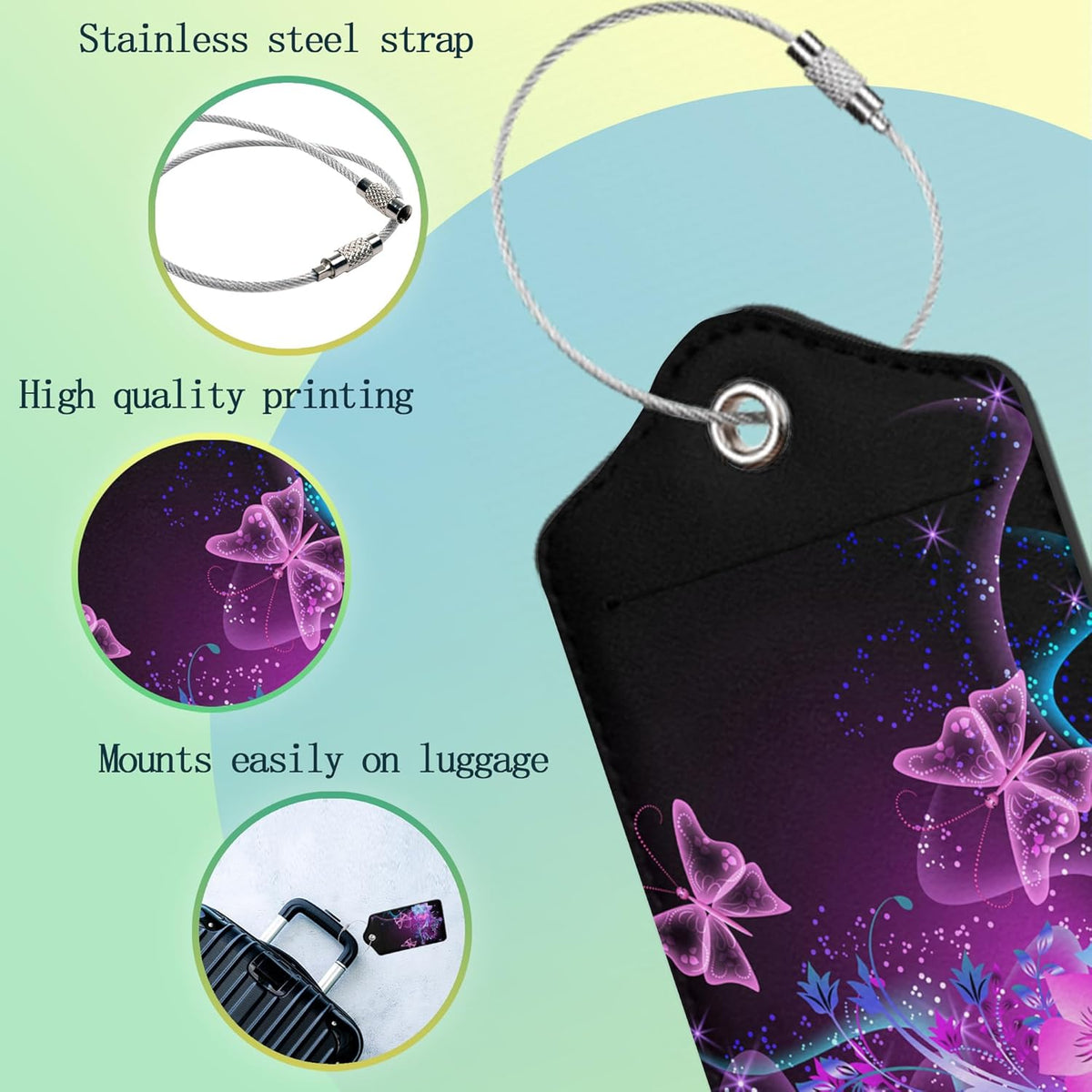 Luggage Tags for Suitcase,2 Pack Butterfly Luggage Tag Flowers Glowing Leather Privacy Cover ID Label with Stainless Steel Loop for Women Men Kids Girls Travel
