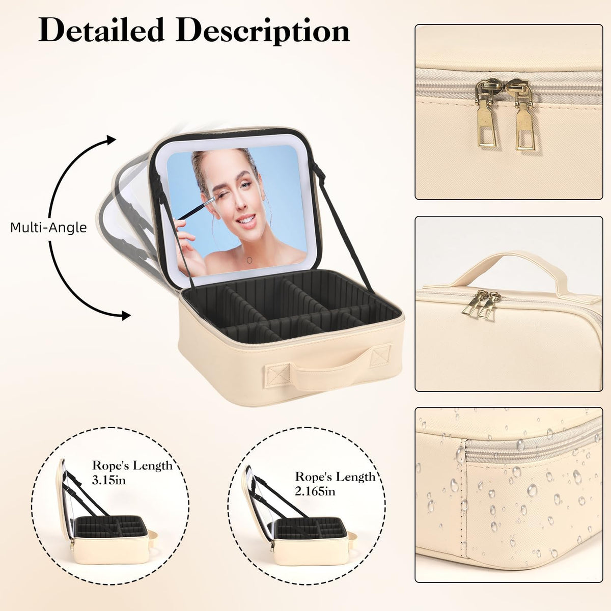 Travel Makeup Bag With LED Mirror,Makeup Travel Train Case with 3 Color Setting,Cosmetic Makeup Organizer Bag with Adjustable Dividers,Portable Make up Bag with Makeup Brush Holder Storage（Beige）