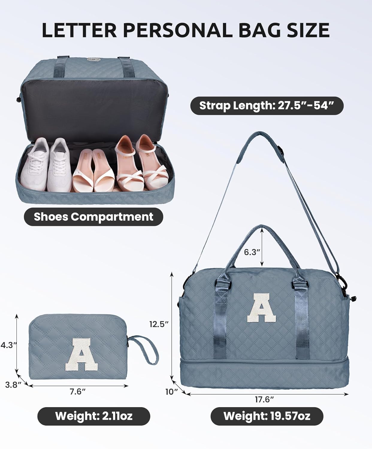 Duffle Overnight Bag for Women, Personalized Weekender with Detachable Shoulder Strap and Waterproof Monogram Pocket, Monograms Included, Perfect Travel/Letter Bag Gift for Friends and Family