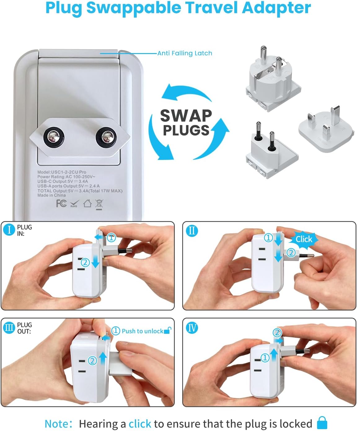 VINTAR European Travel Plug Adapter Kit, Adapter for Europe Plug with 3 USB Ports (2 USB C) 4 AC Outlets, Type C,G,E/F Detachable Attachments, International Power Adapter for Europe UK France Italy