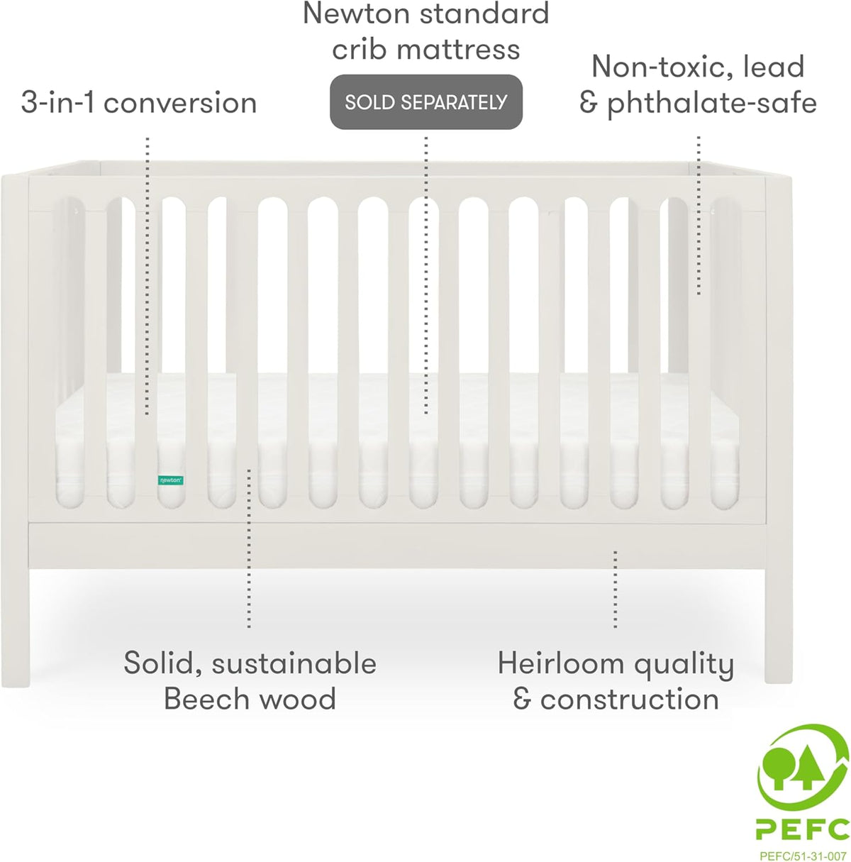 Newton Baby Galileo Standard Crib, Solid Beech Wood in Warm White Color, 3-in-1 Convertible Crib with Toddler Bed Conversion Kit, Ultra-Safe Non-Toxic Finish