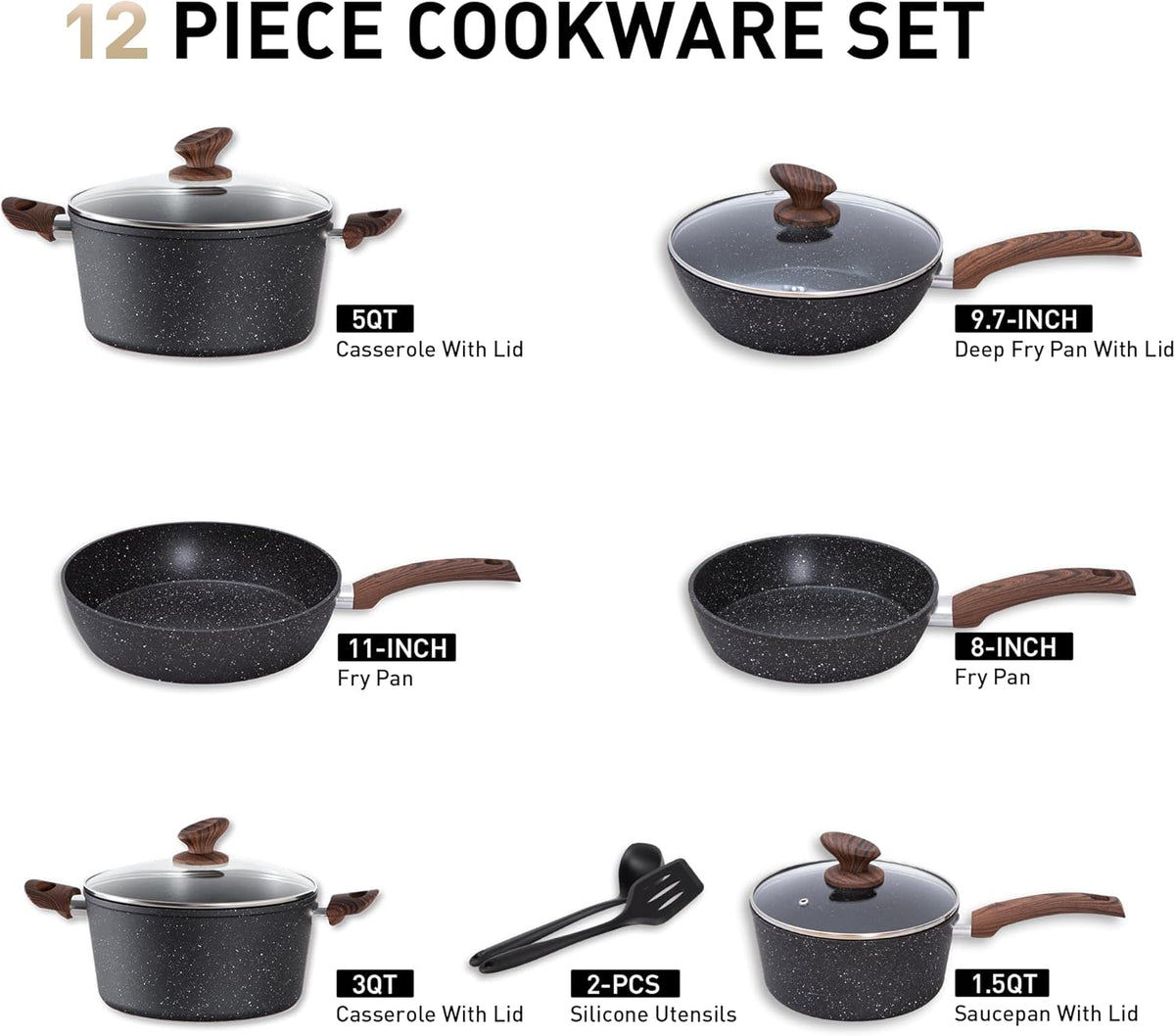 MAISON ARTS Pots and Pans Set Non Stick, 12 Piece Black Granite Kitchen Cookware Induction Compatible, Pot and Pan Sets for Cooking Nonstick