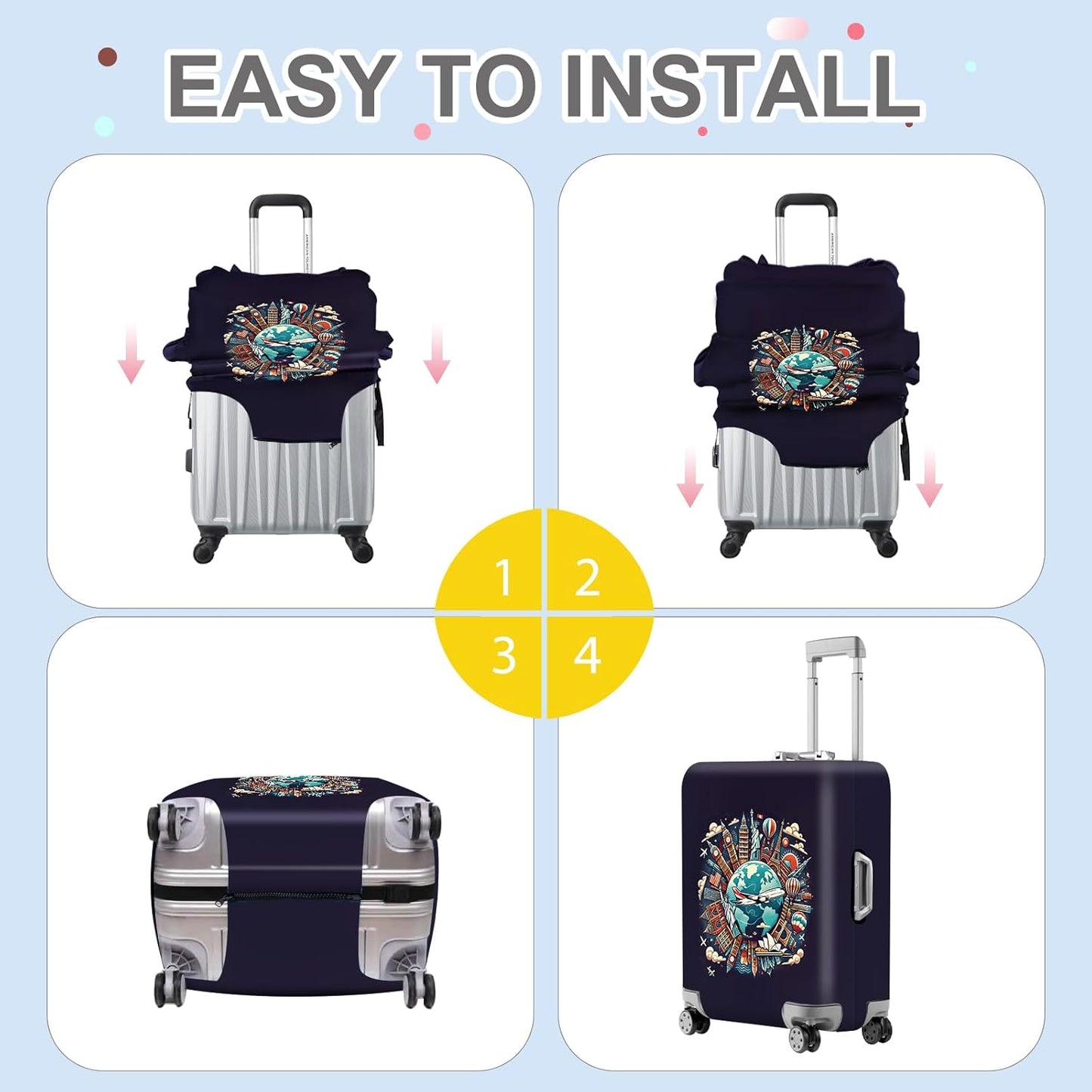 ANNA QUEEN World Landmarks Luggage Cover, Dark Travel-Themed Suitcase Protector with Airplane & Globe Design, Stretchable, Washable Luggage Sleeve for 24-26 Inch Suitcases