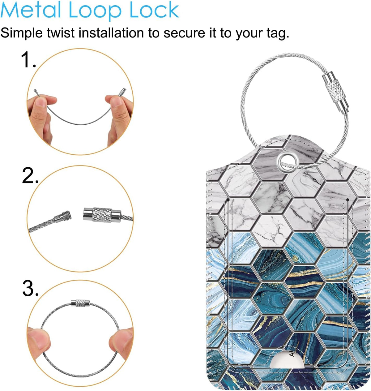 Fintie Luggage Tags, Privacy Cover ID Label with Stainless Steel Loop and Address Card for Travel Bag Suitcase, Agate Hexagons (2 Piece)