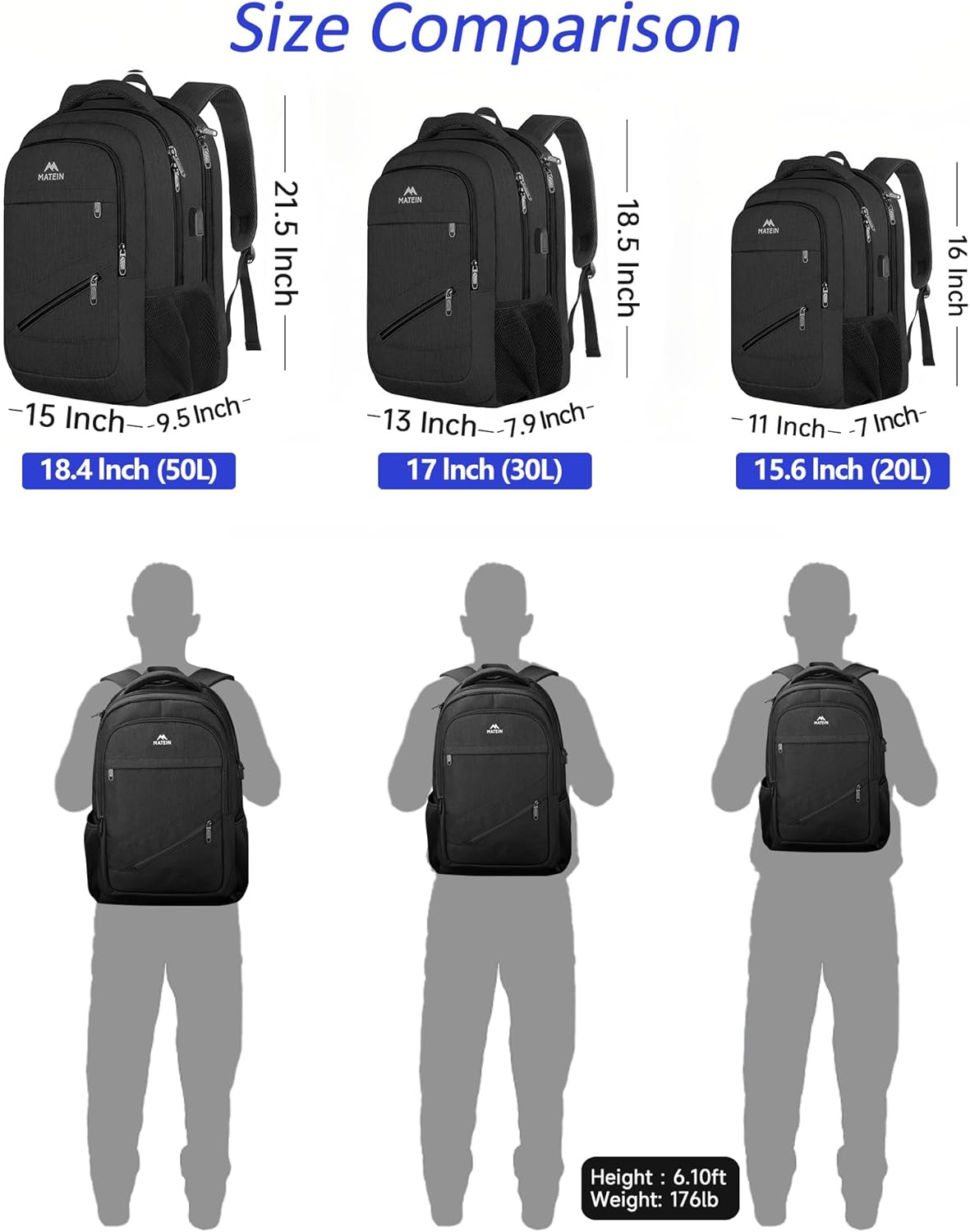 MATEIN 18.4 Inch Laptop School Backpack 50 L, Extra Large Anti Theft Carryon Backpack for Men Women TSA Approved, Work Business Bag with USB Port & Luggage Strap for Travel, Black