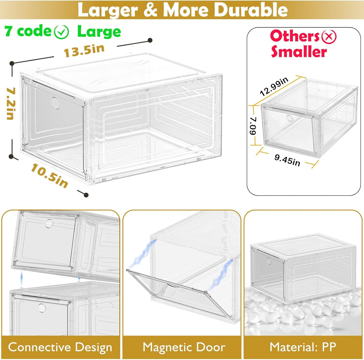 Thicken & Sturdy Clear Shoe Storage Organizer with Magnetic Door, Stackable Boxes for Closet, Foldable Space-Saving Shoe Rack for Sneaker Boot Container, Plastic Shoe Cabinet Shoe Box 6 Pack, White