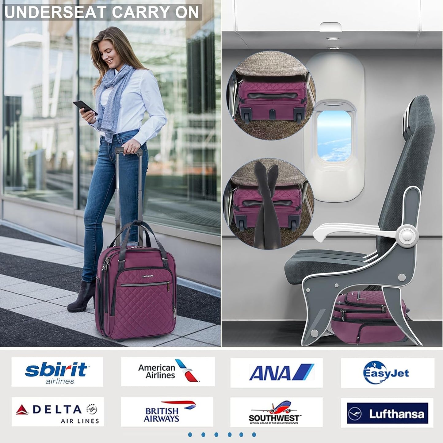 EMPSIGN Underseat Carry On Wheeled - 16" Carry on Bag with Wheels Multi-functional Lightweight Rolling Bag Overnight Weekender Small Suitcase for Women Men Travel Business, Burgundy