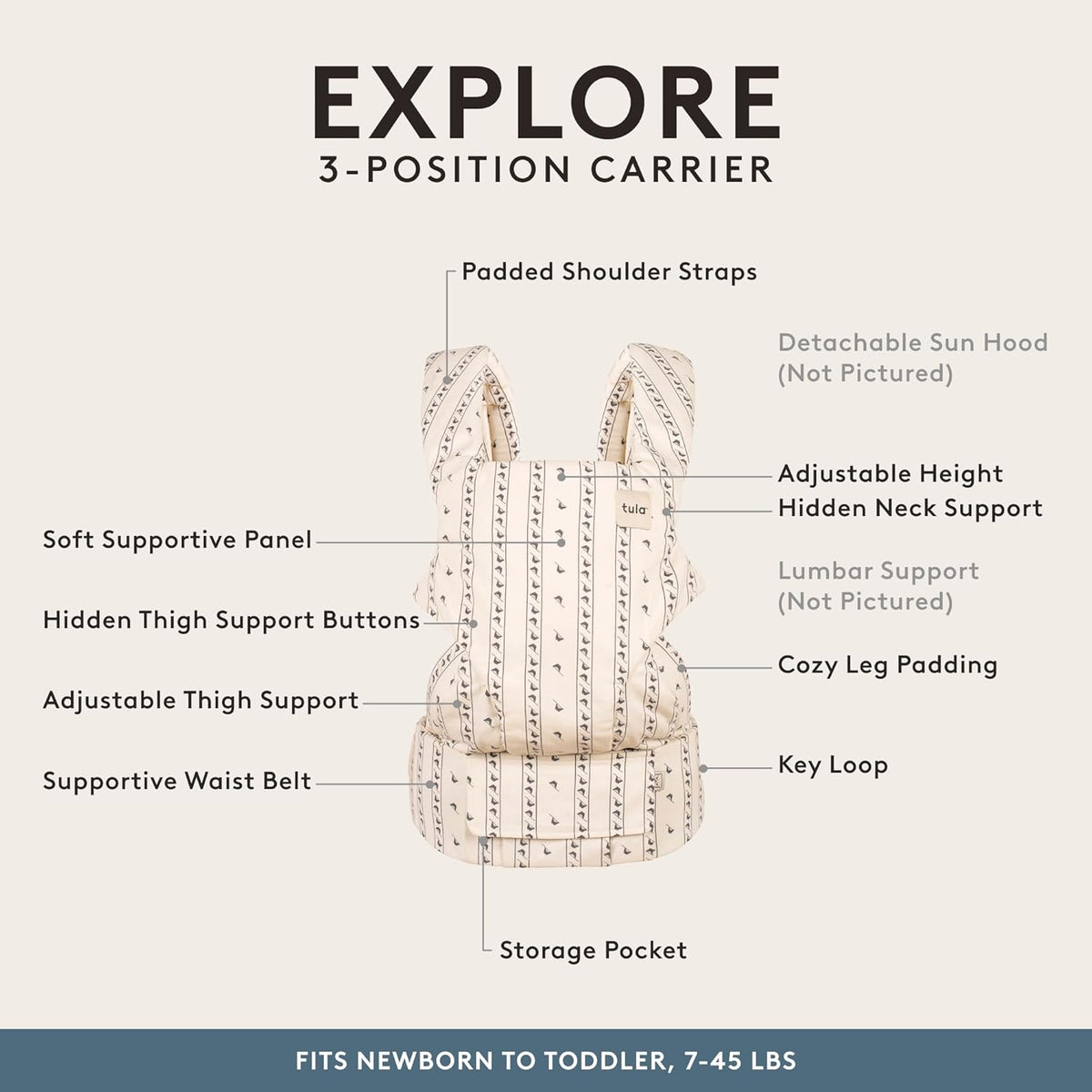 Baby Tula Explore Cotton Baby Carrier 7 – 45 lb, Adjustable Newborn to Toddler Carrier, Multiple Ergonomic Positions Front and Back, Soft and Supportive – Tula Coast, Folklore