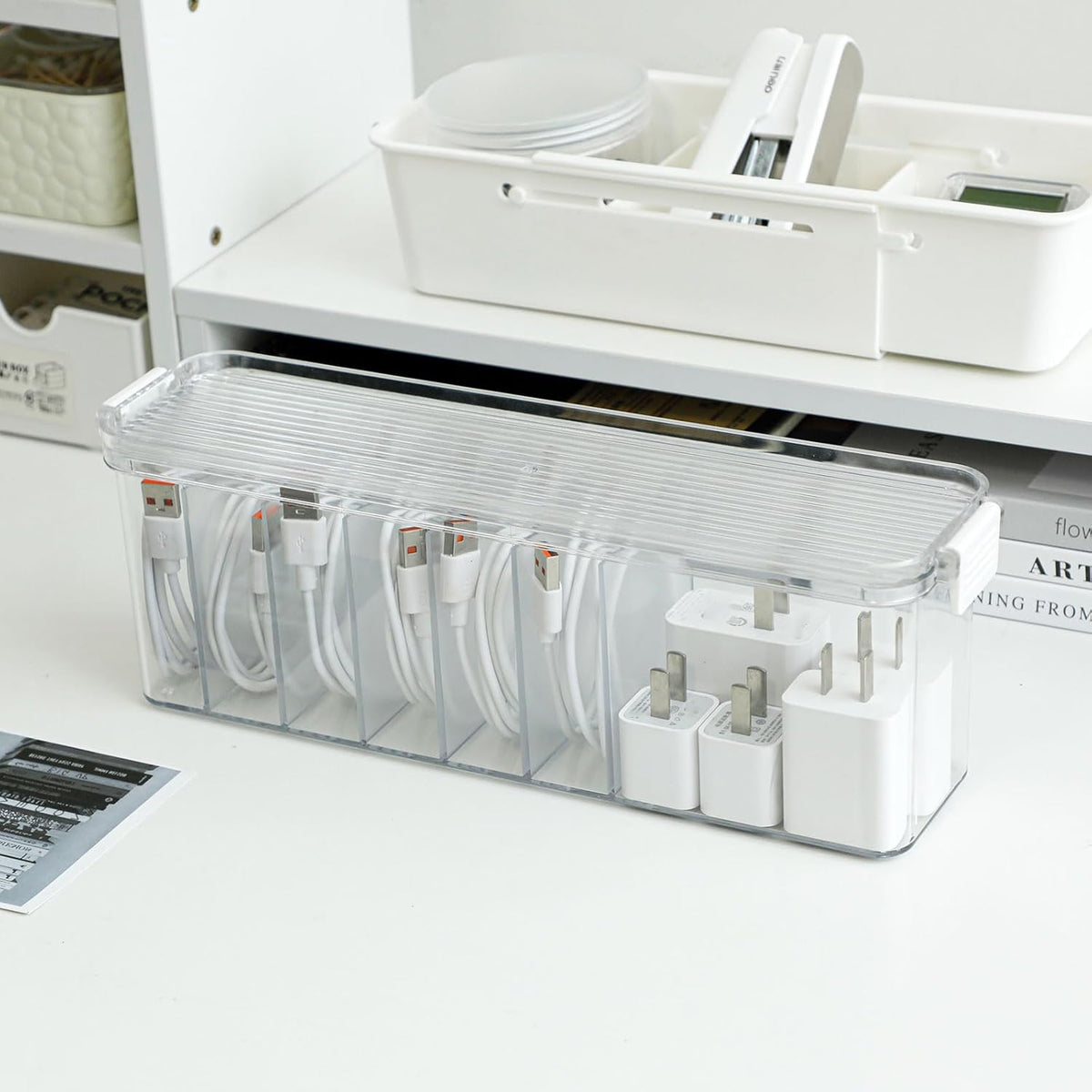 Yesesion Plastic Cable Organizer Box with 7 Compartments, Clear Cords Storage Case for Desk Drawer Accessories, Phone Charger, Art Crafts, Stationery Holder for Marker Pen, Pencils, Crayons