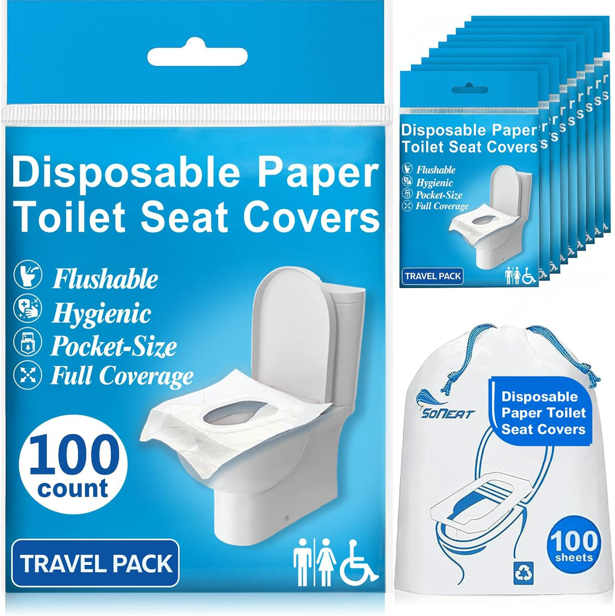 Disposable Toilet Seat Cover - 100 Count Large Flushable Toilet Seat Covers for Travel, Disposable Toilet Seat Cover for Kids, Potty Training & Public Restrooms, Travel Size Paper Seat Covers