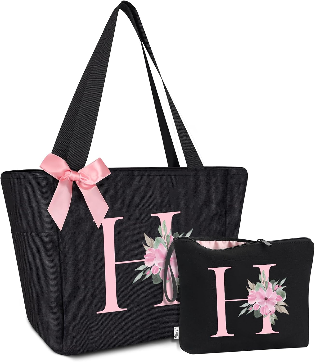 Vavabox Tote Bag, A-Z Initial Monogrammed Waterproof Tote Bag, Bridesmaid Gifts for Women, Black and Pink