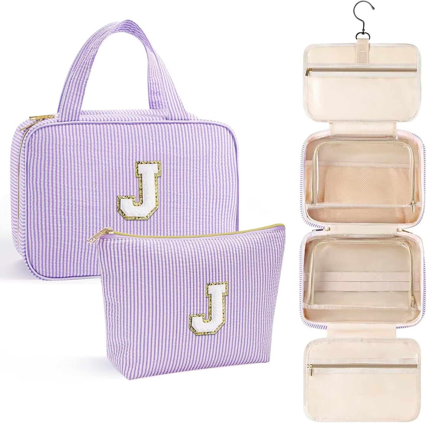 YOOLIFE Travel Toiletry Bag Makeup Bag - Hanging Toiletry Bag for Women, Portable Toiletries Travel Bag and Cosmetic Bag, Airplane Travel Essentials Travel Toiletry Bag - Letter J, Purple