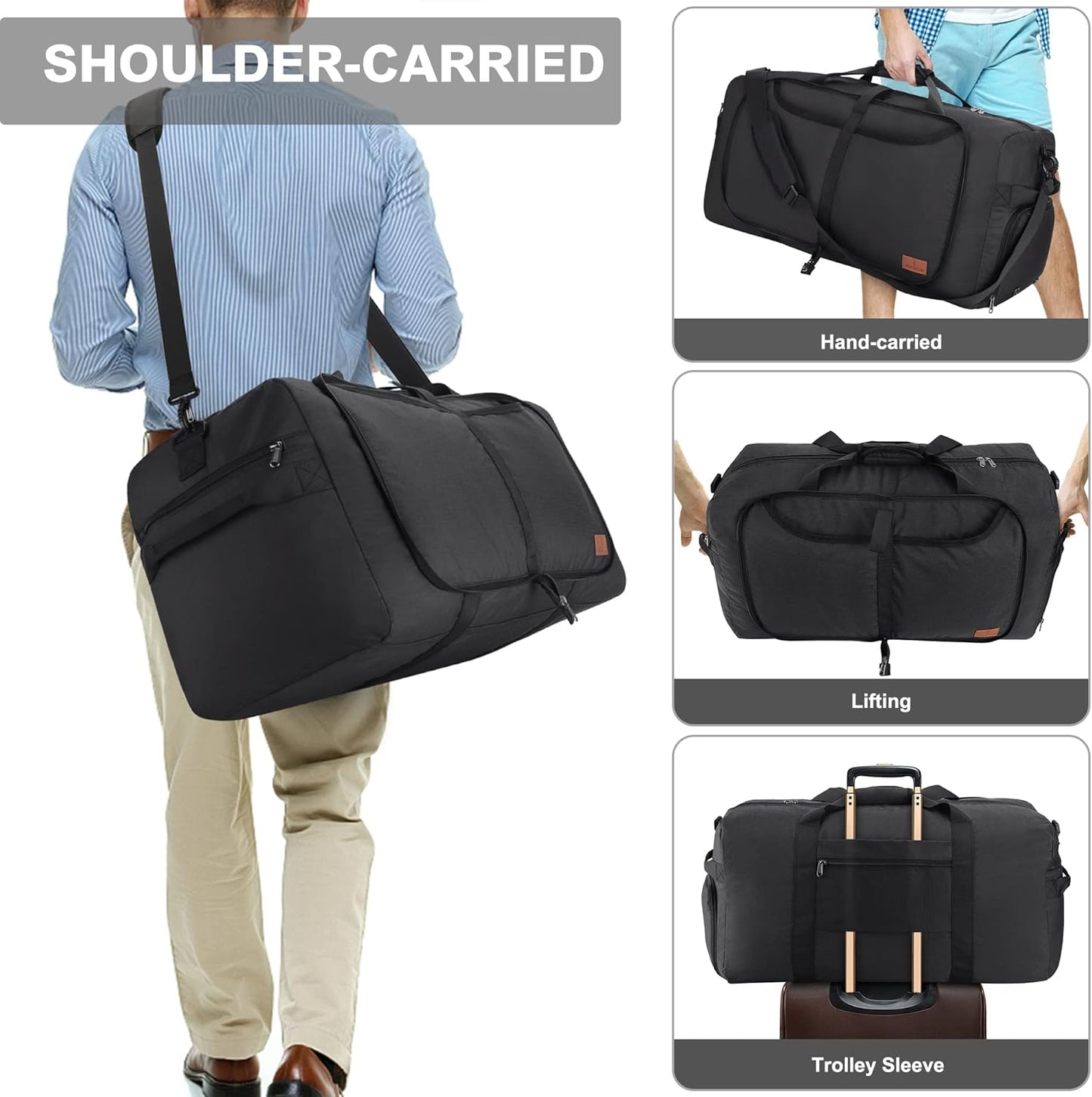 120L Duffle Bag for Travel, Large Foldable Waterproof Travel Duffel Bags Weekender Overnight Bag for Men and Women with Shoe Compartment (Black)