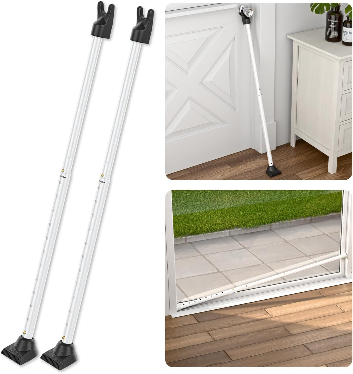 SECURITYMAN 2-in-1 Door Security Bar & Sliding Patio Door Security Bar (2 Pack) via Interchangeable Caps - Heavy Duty Iron Construction Door Stoppers for Home, Apartment, Travel Hotel - White