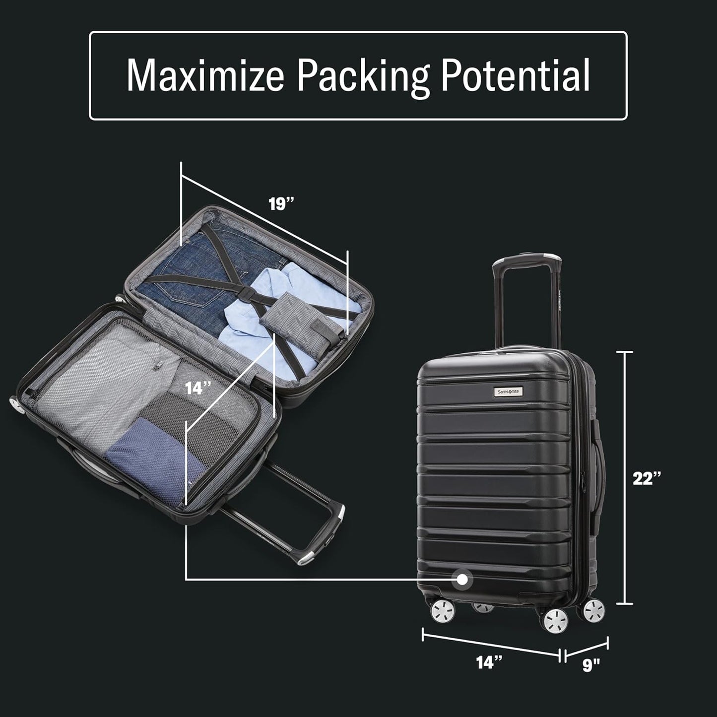 Samsonite Omni 2 Hardside Expandable Luggage with Spinner Wheels, 16X14X9 CARRY-ON SPINNER, SOLID CHARCOAL