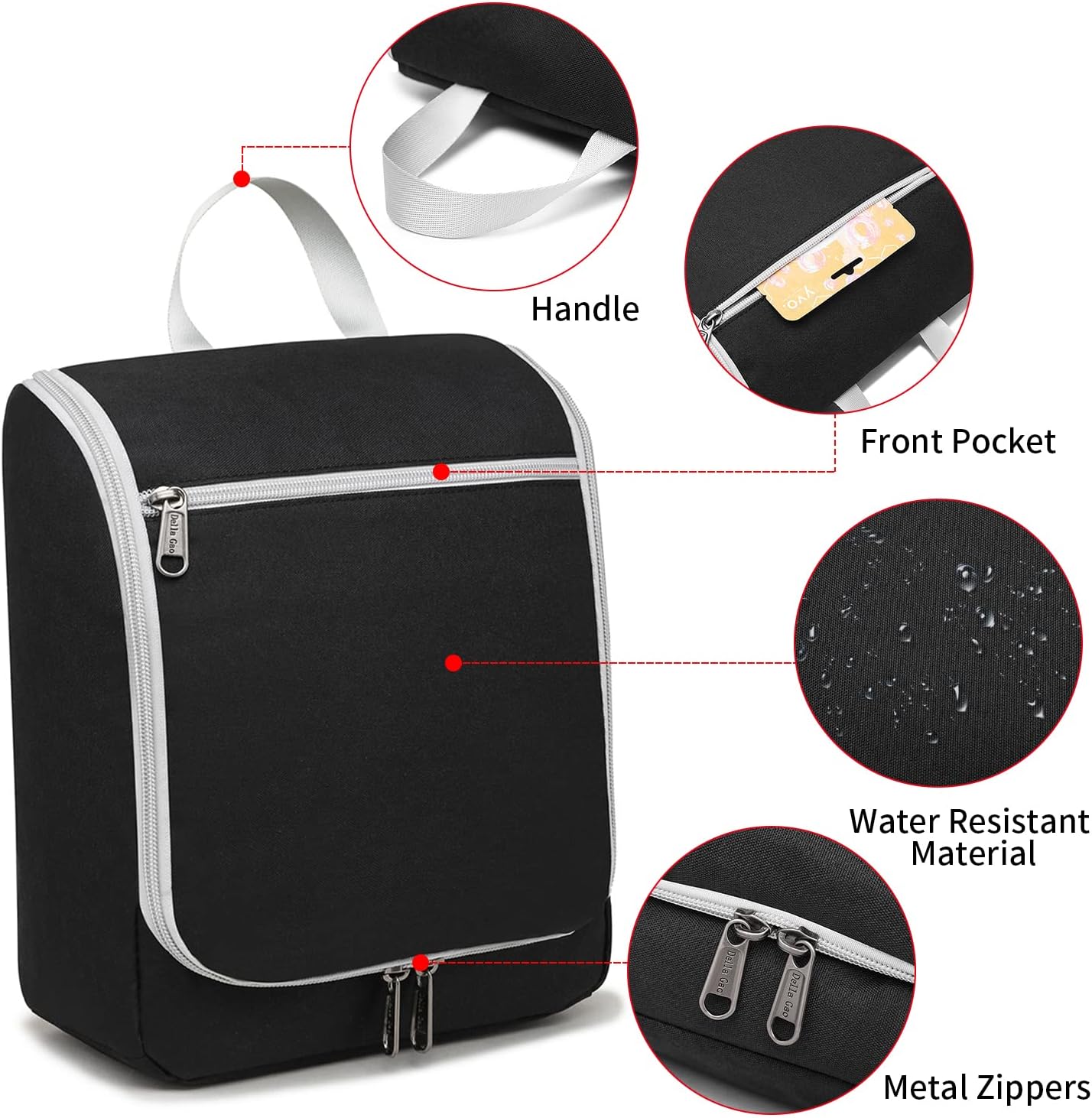 Della Gao Black Water Repellent Polyester Hanging Toiletry Bag for Travel
